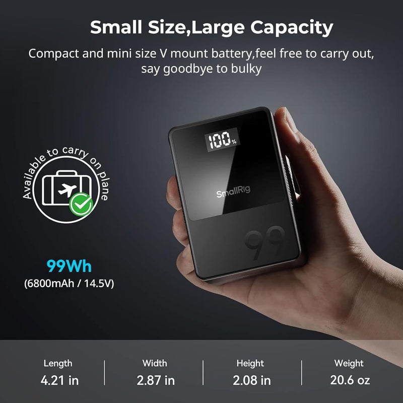 SMALLRIG V Mount Battery VB99, 99Wh / 6800mAh V Lock Battery with 100W Output, 2H Full Charge, with USB-C, D-TAP, USB-A, Dual DC Port, OLED Screen, for Camera, Camcorder, Monitor, Video Light - Image 5